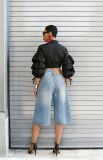 High Waist Washed Hot Drill Straight Fifth Jeans GYLN-7270