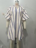 Striped Bubble Short-Sleeve Midi Dress OLYF-6197