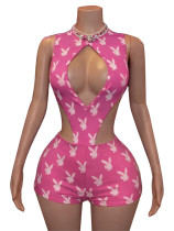 Print Hollow Out Bodysuit Two Piece Shorts Set CH-26107