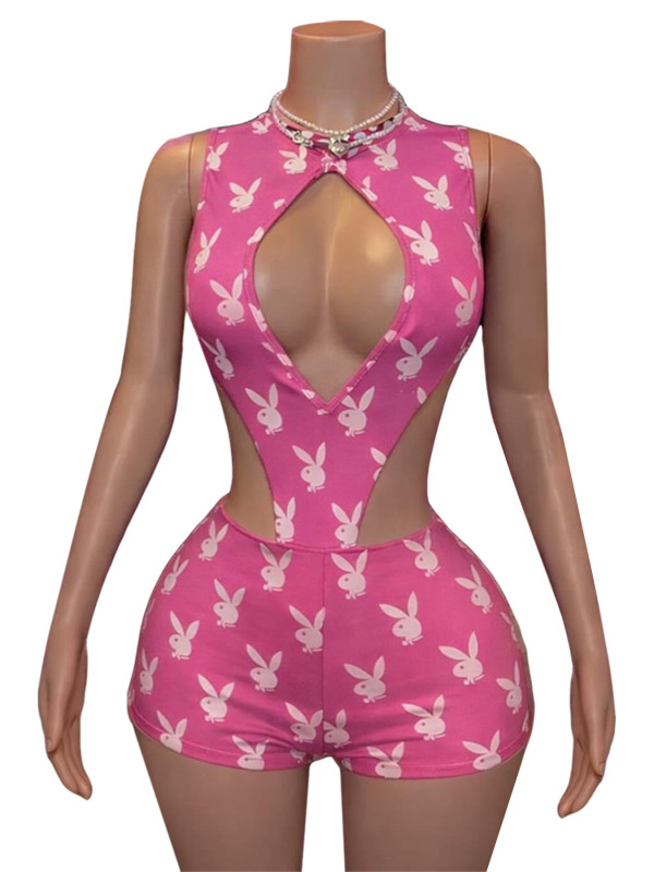 Print Hollow Out Bodysuit Two Piece Shorts Set CH-26107