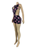 Print Hollow Out Bodysuit Two Piece Shorts Set CH-26107