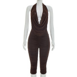 Backless Ruched Mesh Tops Seventh Pants Suit GDSF-C26ST071