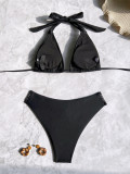Solid Color Tie Up Halterneck Bikinis 2 Piece Swimsuit CASF-6749
