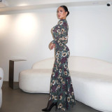 Print Long Sleeve Slim Fishtail Dress XEF-K6D03110A