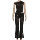 Slash Shoulder Irregular Top Flare Pants Suit XEF-K6S04089A