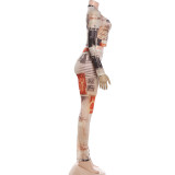 Mesh Print Long Sleeve Tops Tight Pants Suit DLSF-K6S01605A