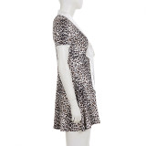 Leopard Print V Neck Tie Up Mini Dress GPKJ-MR47128