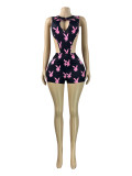Print Hollow Out Bodysuit Two Piece Shorts Set CH-26107