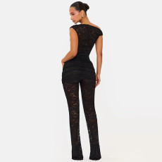Solid See Through Lace Two Piece Pants Set GDSF-J26ST060