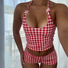 Plaid Print Halterneck Two Piece Shorts Set GPKJ-MR48112