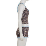 Print V Neck Ruffles Sling Two Piece Shorts Set GPKJ-MR47427