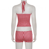 Plaid Print Halterneck Two Piece Shorts Set GPKJ-MR48112