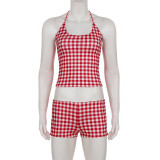 Plaid Print Halterneck Two Piece Shorts Set GPKJ-MR48112