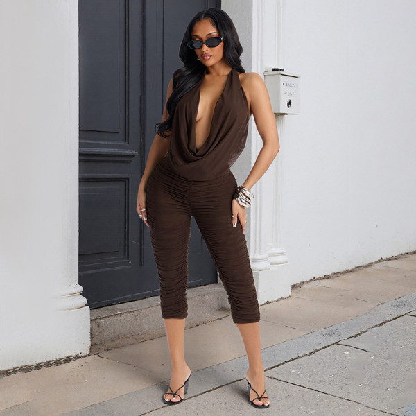 Backless Ruched Mesh Tops Seventh Pants Suit GDSF-C26ST071