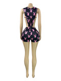 Print Hollow Out Bodysuit Two Piece Shorts Set CH-26107