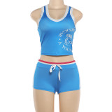 Letter Print Sleeveless Sport Two Piece Shorts Set XEF-K6S01045A