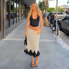Lace Patchwork Polka Dot Print Long Skirt DLSF-K6J03778A