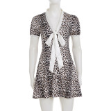 Leopard Print V Neck Tie Up Mini Dress GPKJ-MR47128