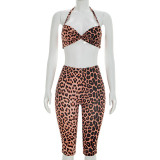 Leopard Print Halterneck Top Fifth Pants Suit GDSF-D26ST059