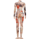 Mesh Print Long Sleeve Tops Tight Pants Suit DLSF-K6S01605A