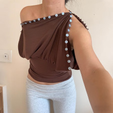 Button Off Shoulder Fitted Top XEF-K25L89997