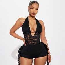 Lace Patchwork Halterneck Backless Romper GDSF-D26RP038