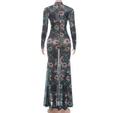 Print Long Sleeve Slim Fishtail Dress XEF-K6D03110A