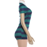 Lapel Short Sleeve Stripe Top Two Piece Shorts Set DLSF-K6S03137A