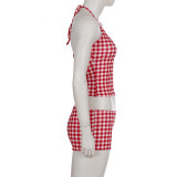 Plaid Print Halterneck Two Piece Shorts Set GPKJ-MR48112