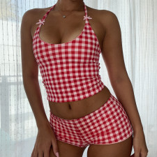 Plaid Print Halterneck Two Piece Shorts Set GPKJ-MR48112