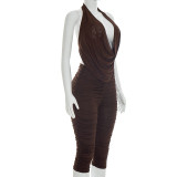 Backless Ruched Mesh Tops Seventh Pants Suit GDSF-C26ST071