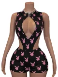 Print Hollow Out Bodysuit Two Piece Shorts Set CH-26107