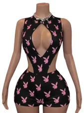 Print Hollow Out Bodysuit Two Piece Shorts Set CH-26107