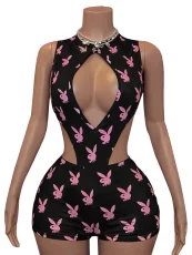 Print Hollow Out Bodysuit Two Piece Shorts Set CH-26107