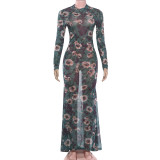 Print Long Sleeve Slim Fishtail Dress XEF-K6D03110A