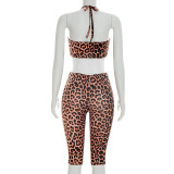 Leopard Print Halterneck Top Fifth Pants Suit GDSF-D26ST059