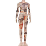 Mesh Print Long Sleeve Tops Tight Pants Suit DLSF-K6S01605A