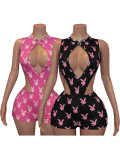 Print Hollow Out Bodysuit Two Piece Shorts Set CH-26107