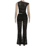 Slash Shoulder Irregular Top Flare Pants Suit XEF-K6S04089A