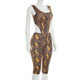 Snake Print Sleeveless Bodysuit Seventh Pants Suit GDSF-J26ST076