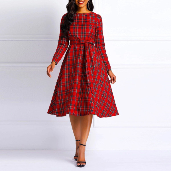 Plus Size Plaid Print Belt Midi Dress XHSY-19855