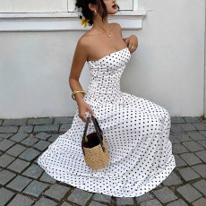Polka Dot Print Wrap Chest Maxi Dress GSRX-813