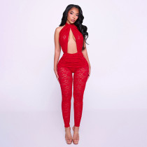 Lace Hollow Out Ruched Backless Jumpsuit MXBF-J26JP039