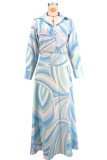 Long Sleeve Print Lapel Maxi Dress XHXF-486