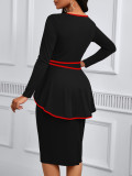 Plus Size Long Sleeve Tie Up Ruffles Midi Dress XHSY-19894