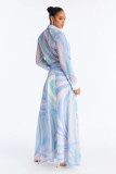 Long Sleeve Print Lapel Maxi Dress XHXF-486