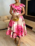 Plus Size Ruffles Sleeve Print Maxi Dress GQLK-KG6322