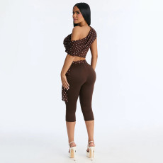 Polka Dot Print Off Shoulder Tops Seventh Pants Suit MXBF-J26ST063