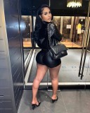 PU Leather Tight Short Sleeve Two PIece Shorts Set GXBQ-1545
