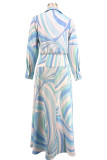 Long Sleeve Print Lapel Maxi Dress XHXF-486